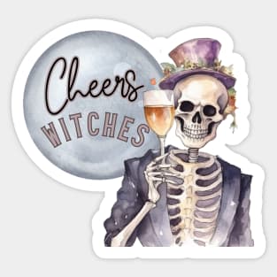 Cheers Witches Skeleton with Halloween Libations Sticker